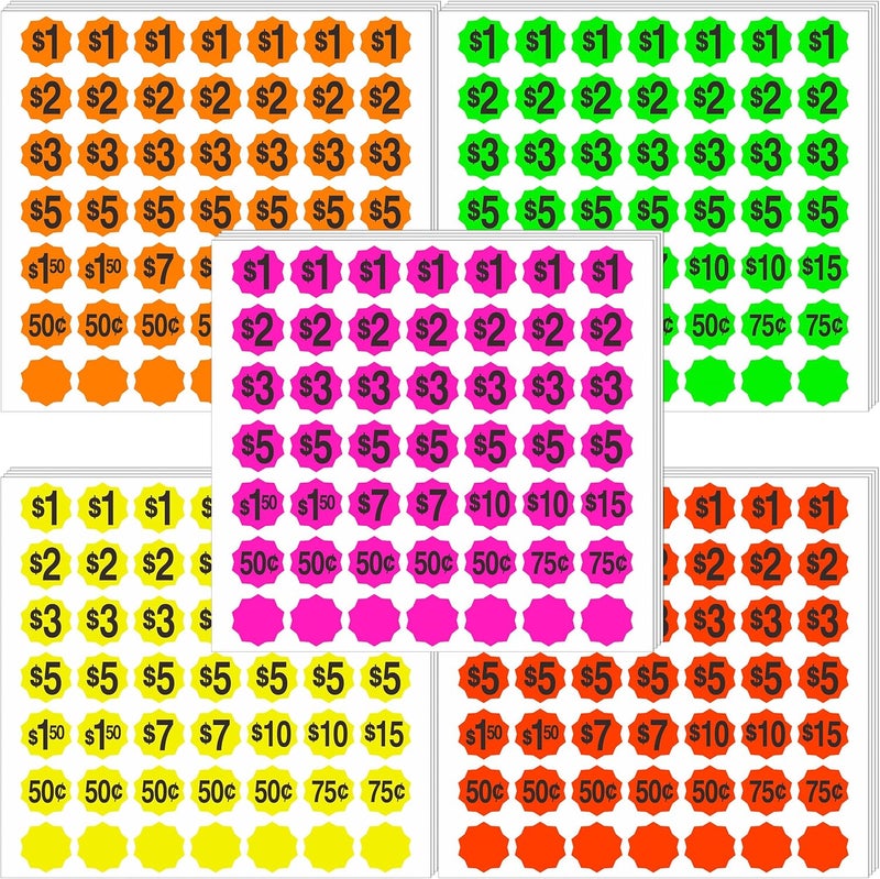 YSHIHE Garage Sale Sticker, Yard Sale Price Stickers, 1470 Pack, 3/4 Inch Round Labels, Fluorescent Colors, Pre-Printed $0.50-$15 - Image 1